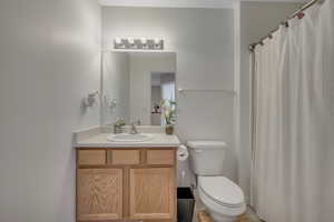 Full bathroom with vanity and a shower with curtain