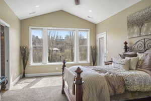 Bedroom featuring light carpet and recessed lighting