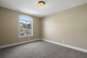 Empty room featuring light colored carpet and a textured ceiling