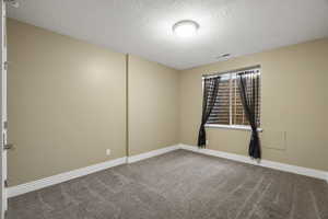 Empty room featuring carpet floors and a textured ceiling