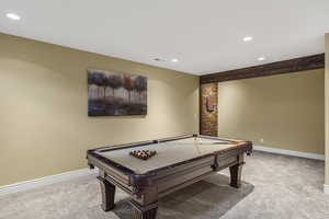 Game room with light carpet, billiards, and recessed lighting