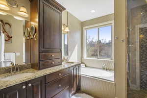 Full bath with double vanity, a shower stall, and a bath