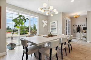 Dining room featuring suspended lighting and light wood finished floors