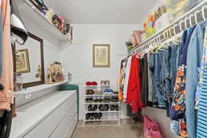 Walk in closet featuring light colored carpet