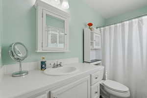 Bathroom with vanity and curtained shower