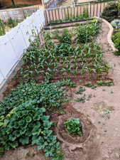 Exterior view of a fenced backyard and a garden