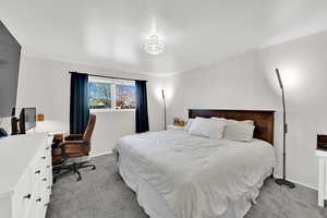 Bedroom with light colored carpet