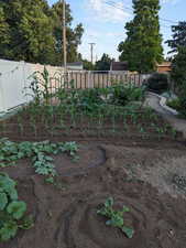 Fenced backyard with a vegetable garden