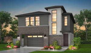 Contemporary house featuring brick siding, an attached garage, and concrete driveway