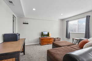Carpeted living area with recessed lighting and a textured ceiling