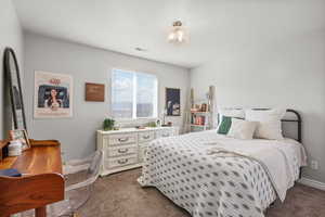 Bedroom with dark colored carpet