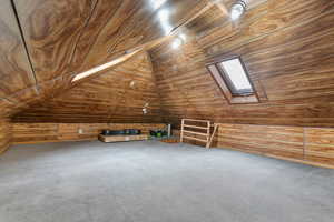 Bonus room featuring a vaulted wood ceiling, wood walls, carpet flooring, and a skylight
