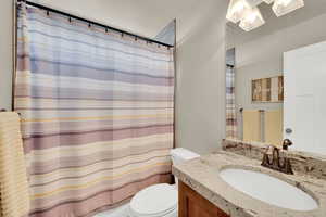 Full bathroom featuring vanity and a shower with shower curtain