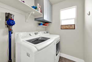 Laundry room with washer and clothes dryer and cabinet space