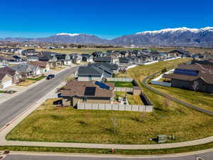 Aerial view of residential area with a mountainous background