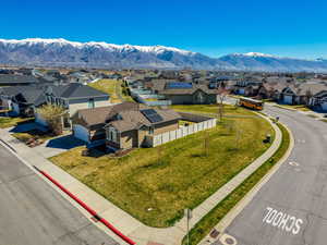 Aerial view of residential area with a mountainous background