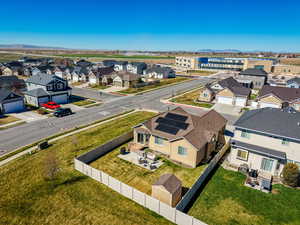 Aerial perspective of suburban area with mountains