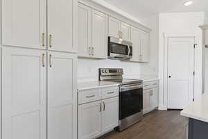 Kitchen with stainless steel appliances, dark wood-style flooring, light stone countertops, and white cabinets