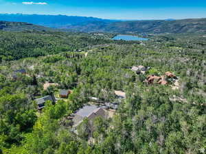 Drone / aerial view of a heavily wooded area and a water and mountain view