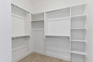Walk in closet with light wood-type flooring