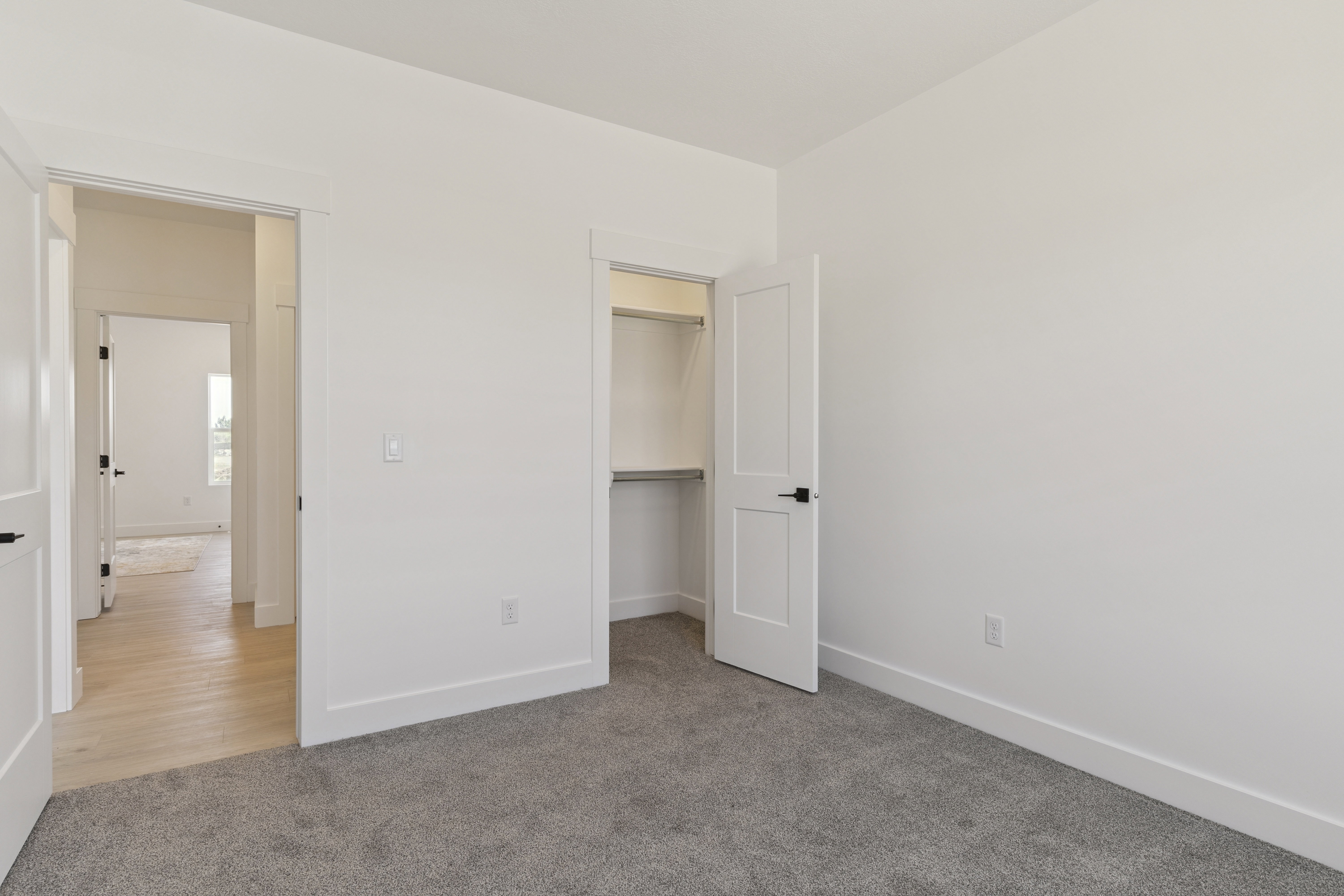Unfurnished bedroom featuring light carpet and a walk in closet