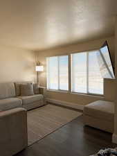 Living room with a textured ceiling and wood-style floors