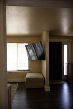 Living area with wood-style floors and a textured ceiling