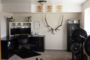 Home office with light colored carpet and baseboards