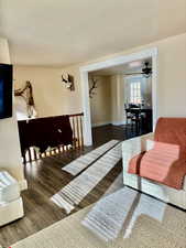 Living area with dark wood-type flooring, ceiling fan, and a textured ceiling