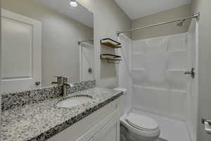 Full bath featuring vanity and a shower