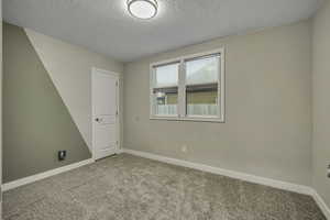 Spare room featuring light colored carpet and a textured ceiling