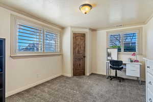 Office area featuring dark carpet, a textured ceiling, and ornamental molding