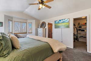 Bedroom featuring a walk in closet, dark colored carpet, and ceiling fan