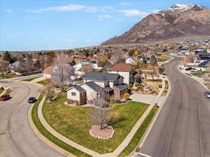 Aerial perspective of suburban area featuring mountains
