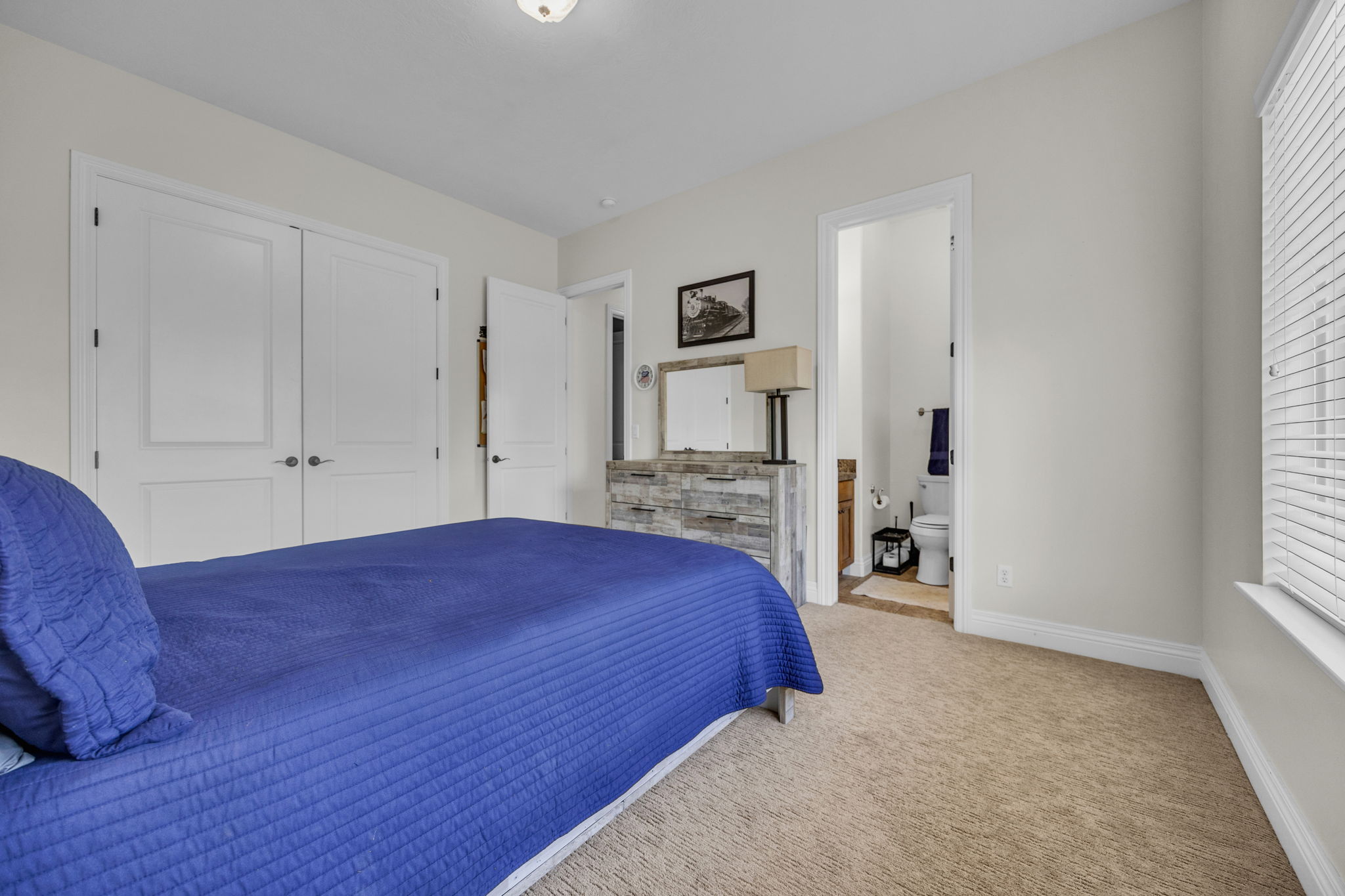 Carpeted bedroom with connected bathroom and a closet
