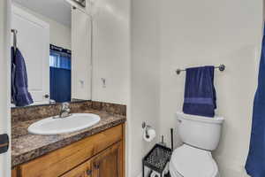 Full bathroom featuring curtained shower and vanity