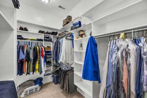 Walk in closet with light colored carpet
