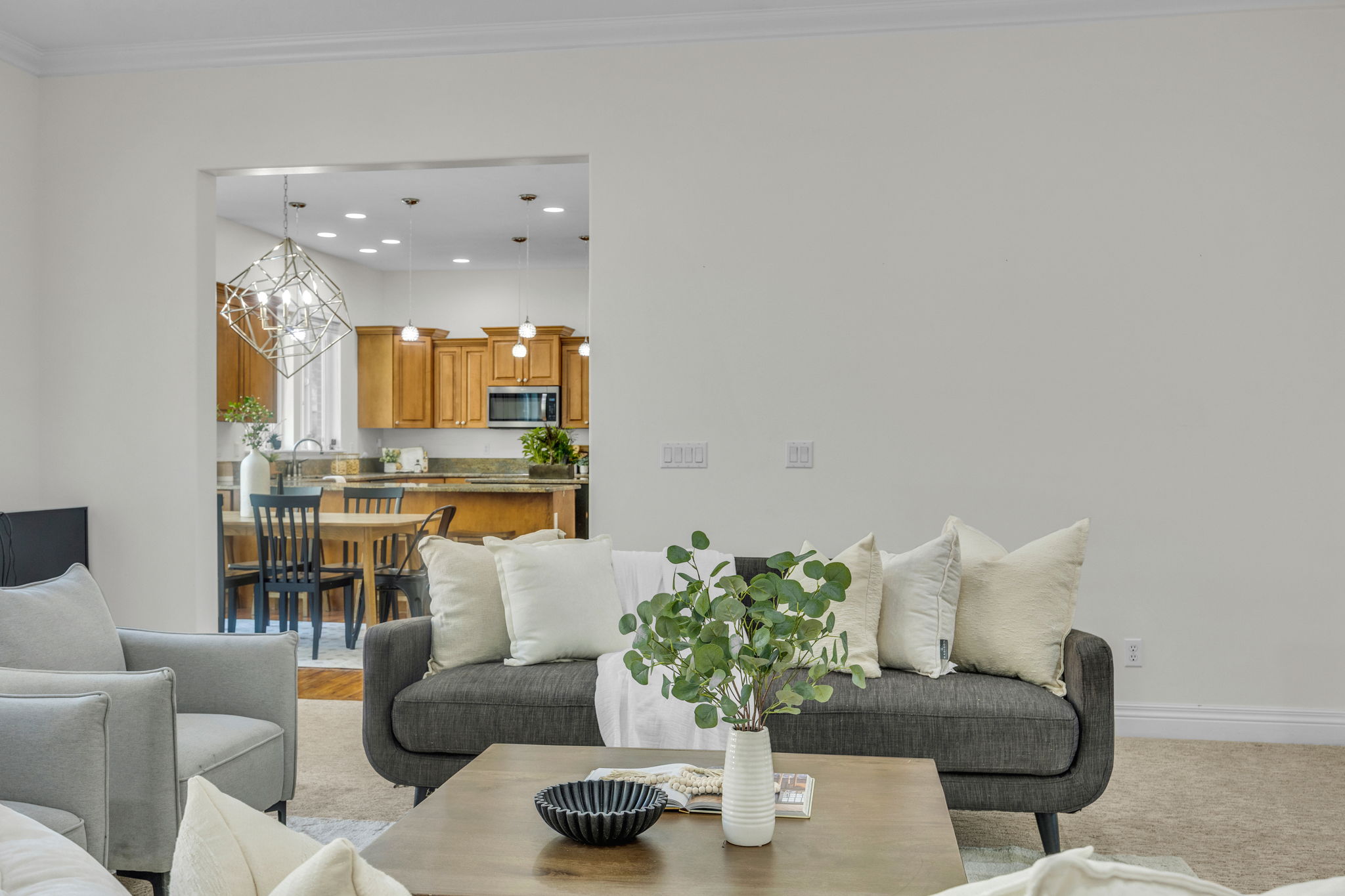 Living area with light carpet and suspended lighting