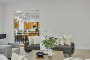 Living area with light carpet and suspended lighting