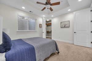 Bedroom featuring recessed lighting, light carpet, crown molding, and ceiling fan