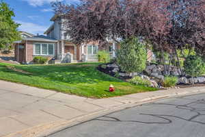 View of property hidden behind natural elements featuring brick siding and a front yard