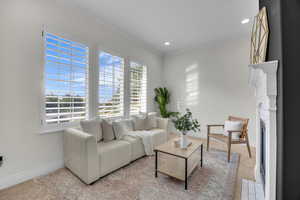 Living area with crown molding, a fireplace, and recessed lighting