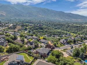 Aerial view of residential area with mountains