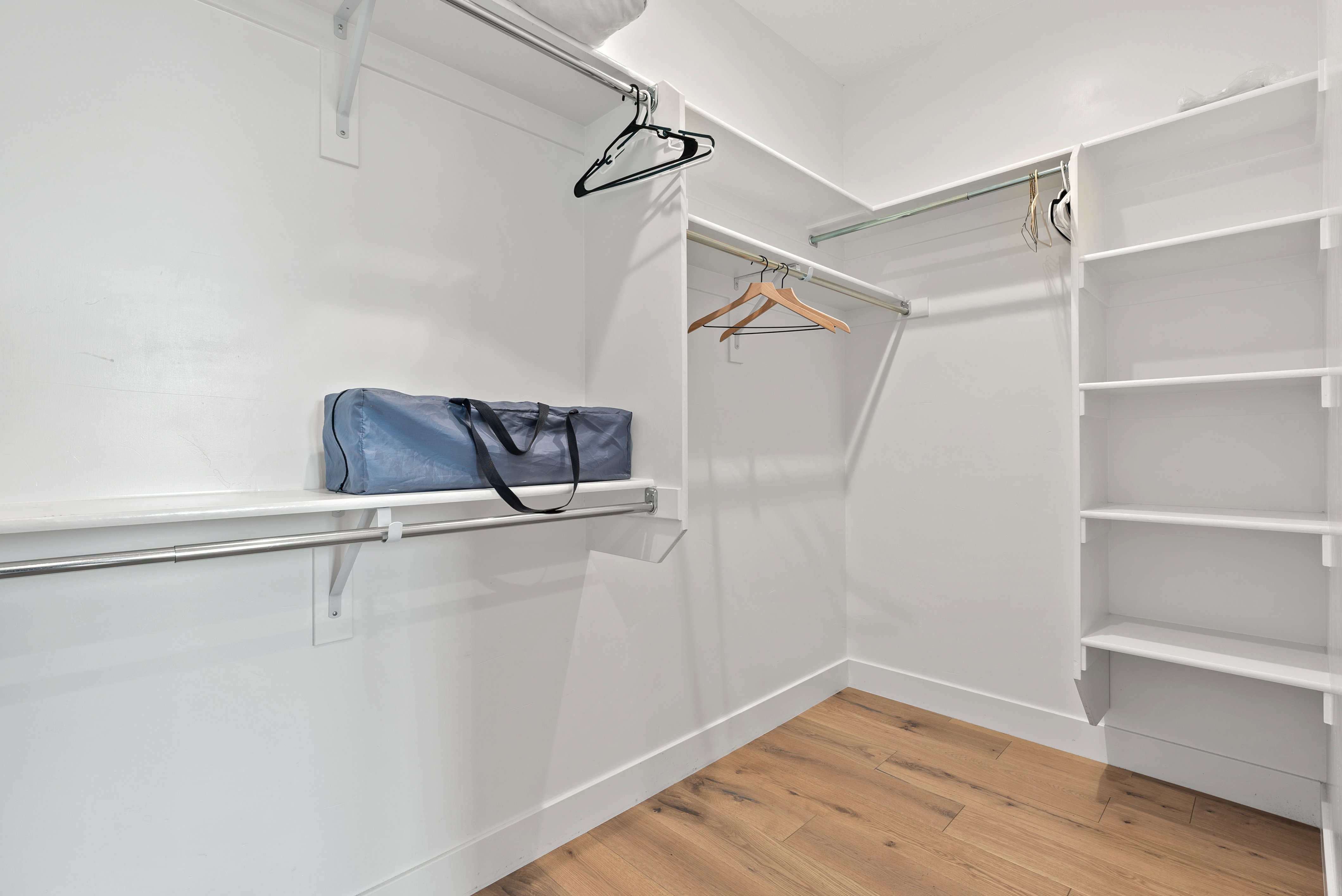 Walk in closet with light wood-type flooring