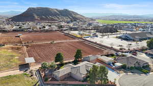 Aerial perspective of suburban area with mountains