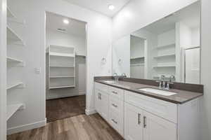 Bathroom with a spacious closet, double vanity, dark wood-type flooring, and recessed lighting
