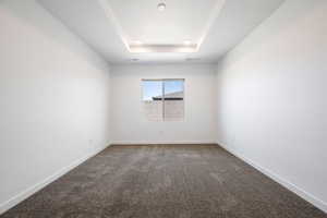 Empty room with dark colored carpet and a raised ceiling