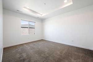 Empty room with dark carpet and a raised ceiling