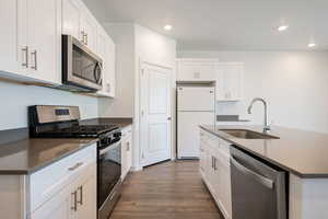 Kitchen with stainless steel appliances, a center island with sink, white cabinets, dark wood-style flooring, and recessed lighting