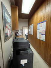 Office featuring wood walls and light colored carpet